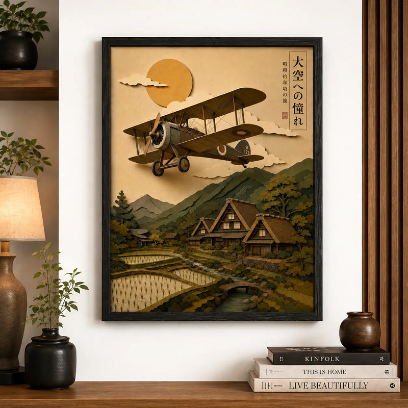 Cuadro Avion Biplano Vintage Arte Japones Efecto 3d Aviacion Marco Negro