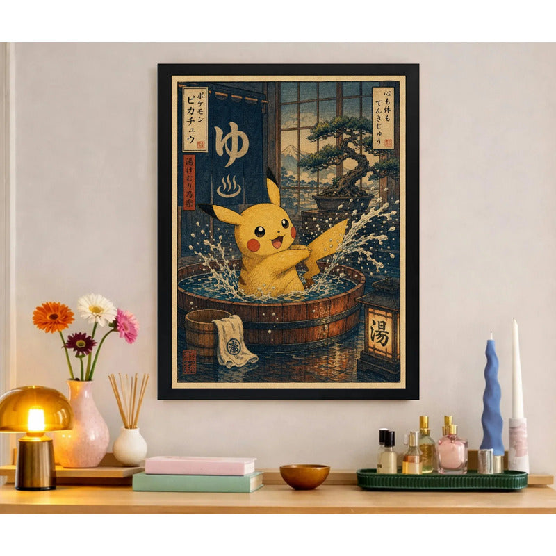 Cuadro Pikachu Baño Termal Onsen Arte Japones Pokemon Anime Marco Negro