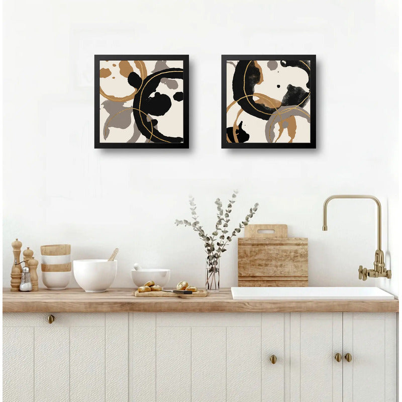 Set 2 Cuadros Living Cocina Café Arte Abstracto Tonos Pastel Marco Negro