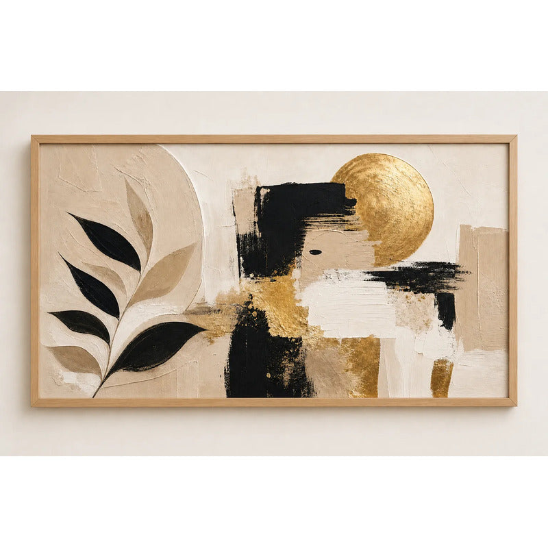 Cuadro Dormitorio Living Boho Abstracto Hojas Neutros Grande Marco Marrón Claro