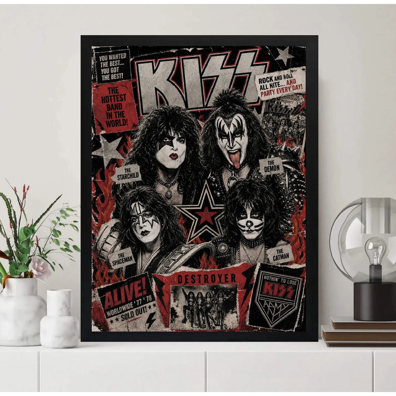 Cuadro Kiss Banda Miembros Icónicos Rock Arte Vintage Marco Negro