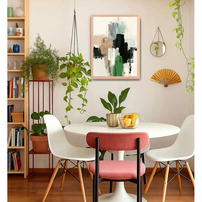 Cuadro Dormitorio Living Boho Abstracto Urban Moss Beige Oak Marco Marrón Claro