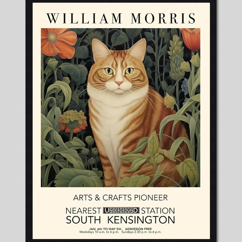 Cuadro Gato Flores William Morris Art & Crafts Exposición Marco Negro