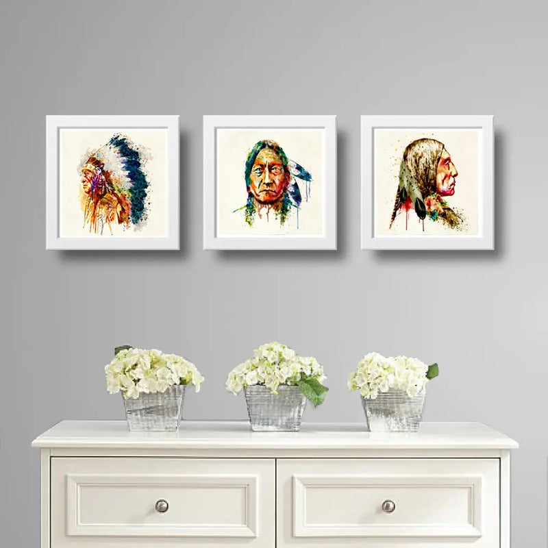 Set 3 Cuadros Indio Jefe Pop Art Vincha Tribal Decoracion