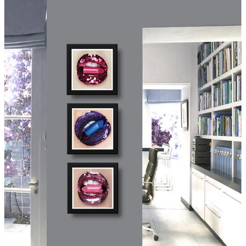 Set 3 Cuadros Fashion Boca Diamantes Joyas Salon Decoración
