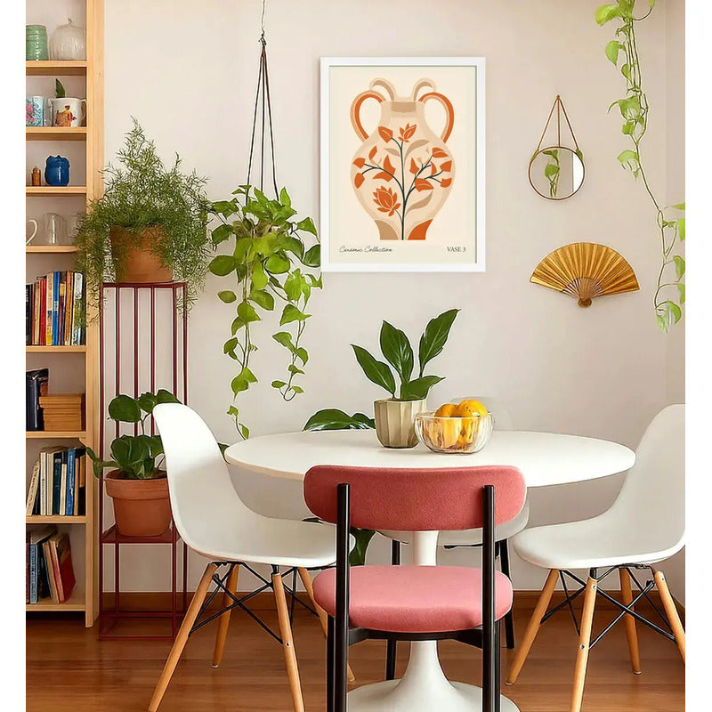 Cuadro Dormitorio Living Jarron Ceramica Flores Color Pastel Marco Blanco