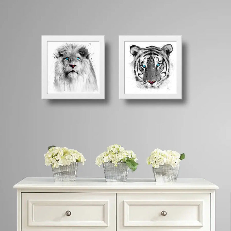 Set 2 Cuadros Leon Tigre Art Ojos Azules Animal Decoracion