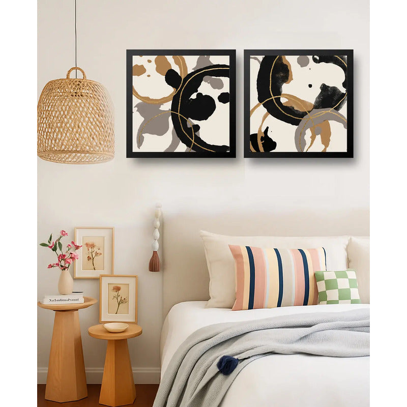 Set 2 Cuadros Living Cocina Café Arte Abstracto 33x33cm Marco Negro