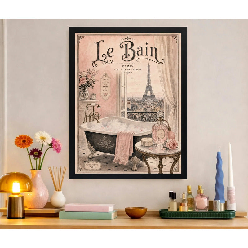 Cuadro Bano Paris Retro Perfume Banera Tonos Rosa Decoracion Marco Negro