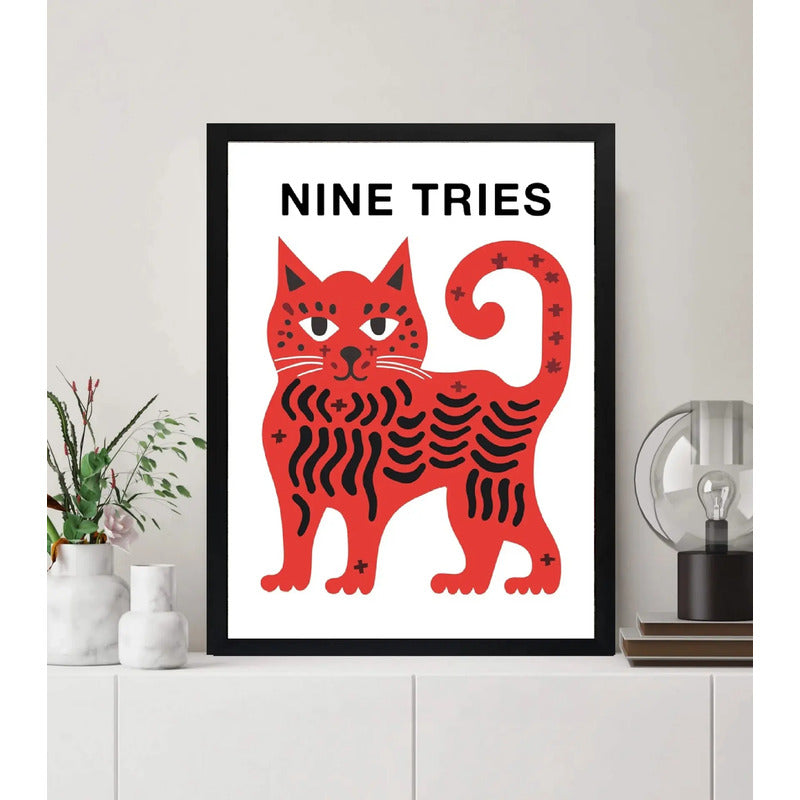 Cuadro Gato Nueve Vidas Gato Rojo Audaz Decoracion Moderna Marco Negro
