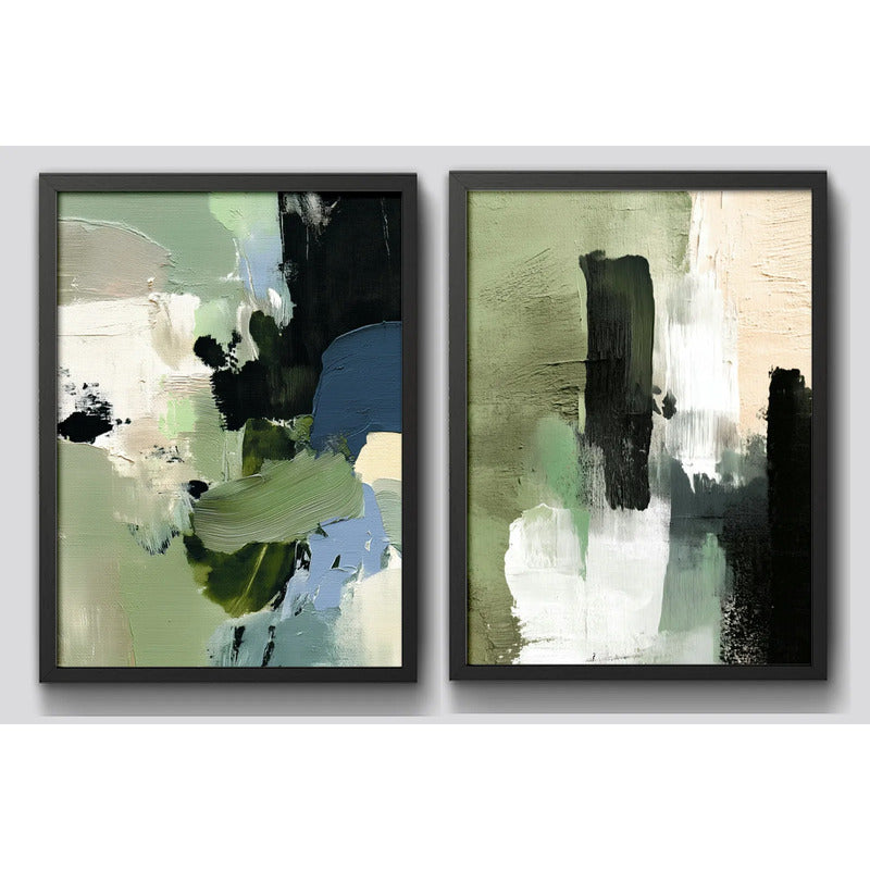 Set 2 Cuadros Dormitorio Living Abstracto Mossy Calm Verde Marco Negro