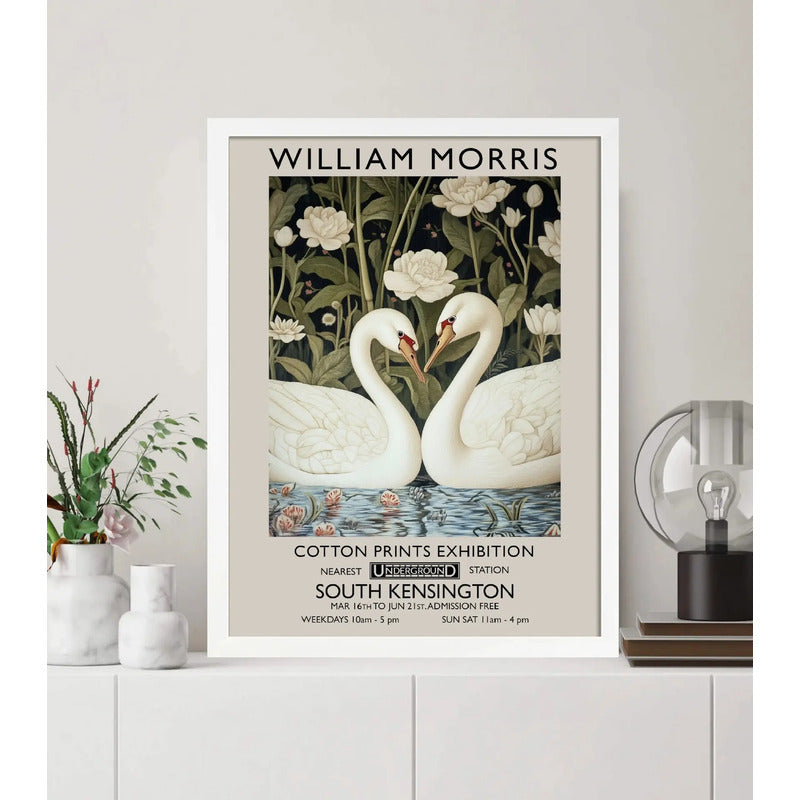 Cuadro Cisnes Amor William Morris Arte Flores Botanico Br2 Marco Blanco