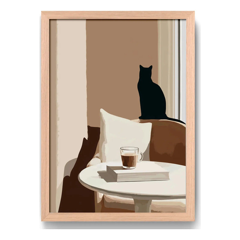 Cuadro Living Cocina Gato Cafe Arte Cozy Cat Tono Neutro Oak Marco Marrón Claro