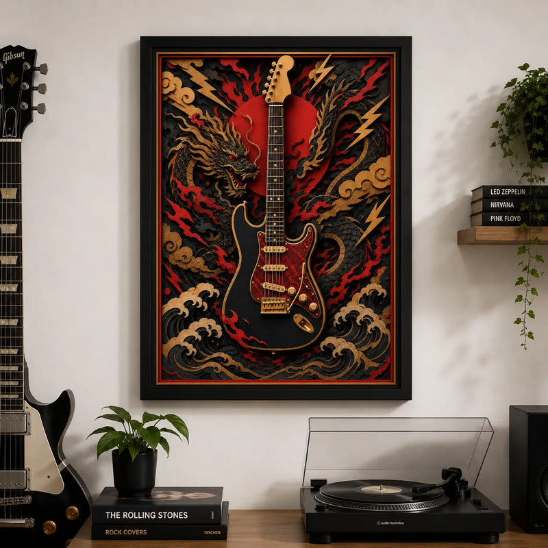 Cuadro Guitarra Fender Strato Rock Arte Japones Efecto 3d Marco Negro