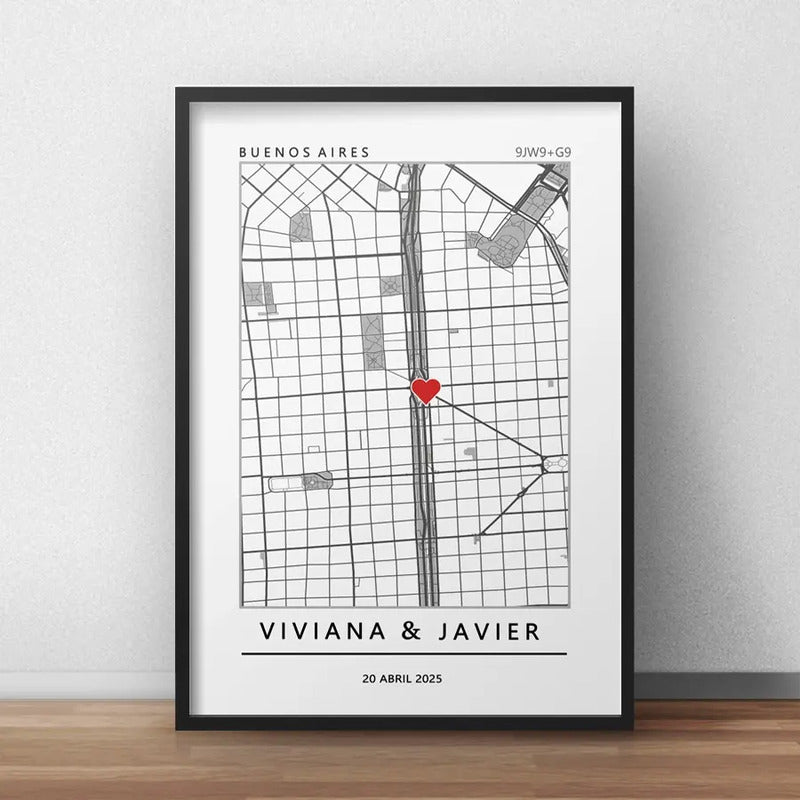Cuadro Personalizado Pareja Novios Mapa Gps Primer Encuentro Marco Negro
