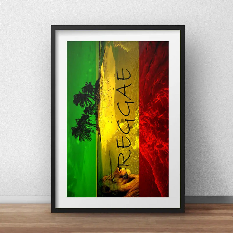 Cuadro Reggae Jamaica León Musica Playa Vintage Con Paspartu Marco Negro