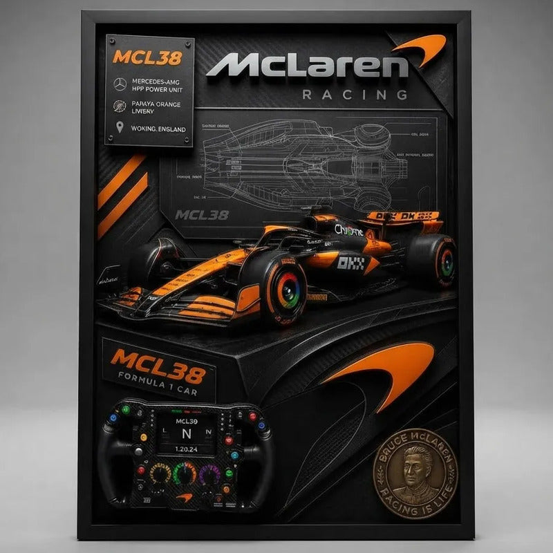 Cuadro Mclaren Mcl38 Formula 1 Auto Icónico Specs Efecto 3d Marco Negro
