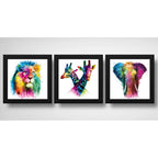 Set 3 Cuadros León Jirafa Elefante Pop Art Colors Decoracion