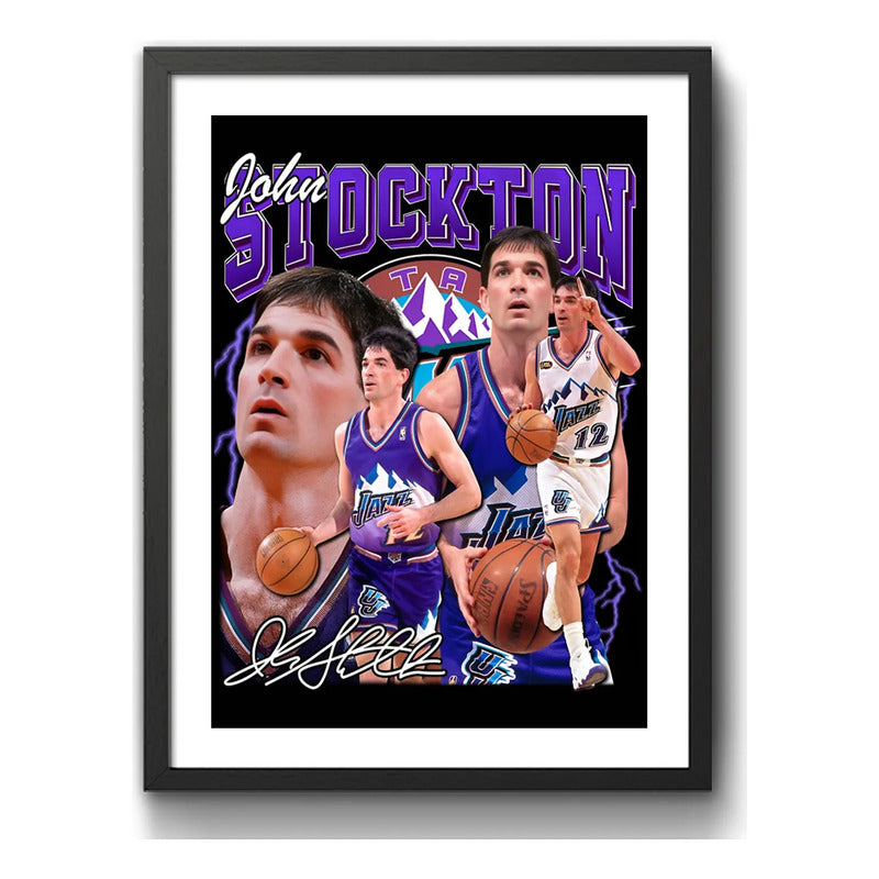 Cuadro John Stockton Utah Jazz Signature Basket Baloncesto Marco Negro
