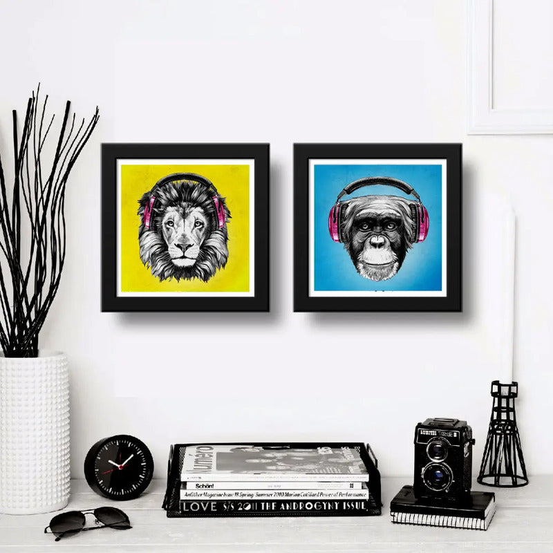 Set 2 Cuadros León Mono Pop Art Auriculares Animales Decora