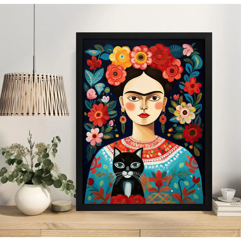 Cuadro Living Floral Frida Kahlo Gato Negro Flores Arte Marco Negro