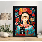 Cuadro Living Floral Frida Kahlo Gato Negro Flores Arte Marco Negro