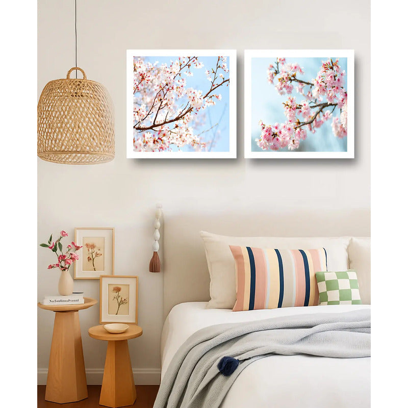 Set 2 Cuadros Sakura Flores Cerezo Arte Japones 33x33cm Marco Blanco