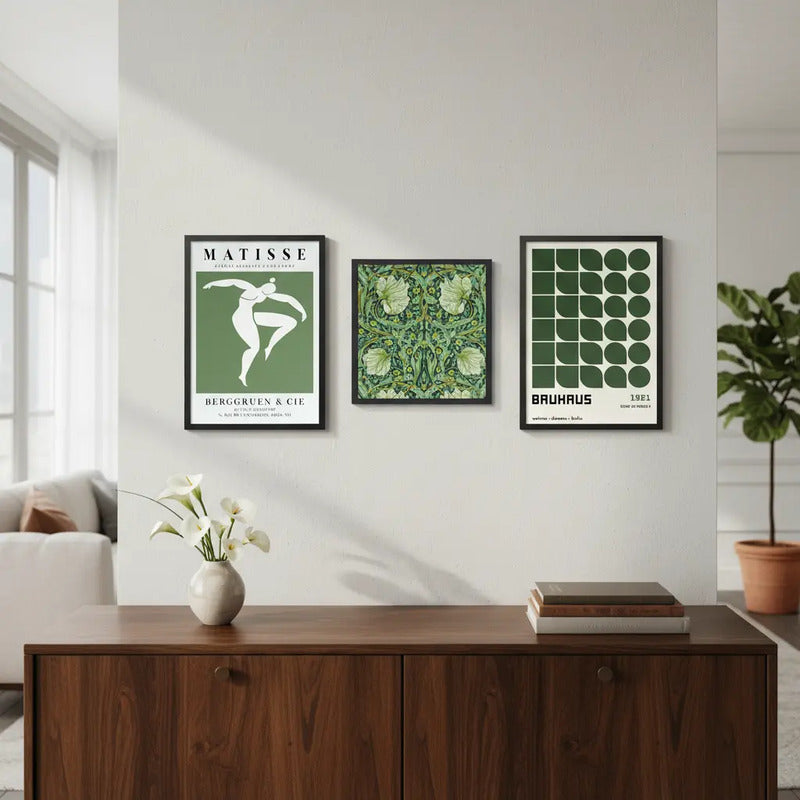 Set 3 Cuadros Para Living Cocina Estudio Tonos Verde Green Matisse William Morris Bauhaus Con Marco Negro