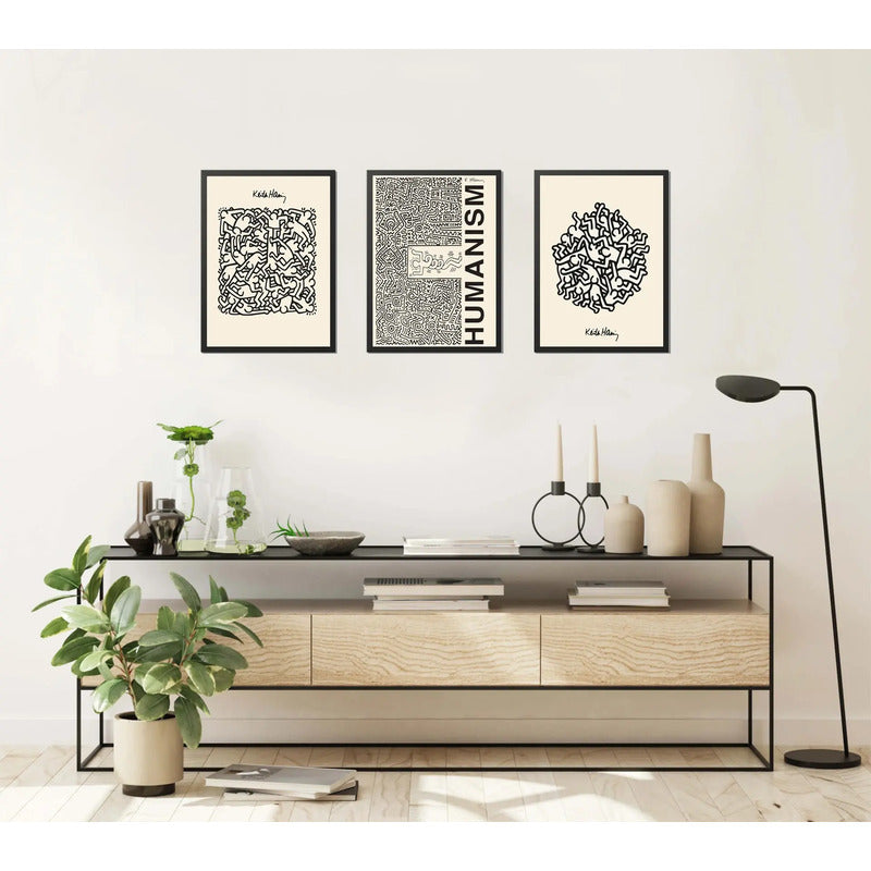 Set 3 Cuadros Keith Haring Humanism Obra Mural Street Art Marco Negro