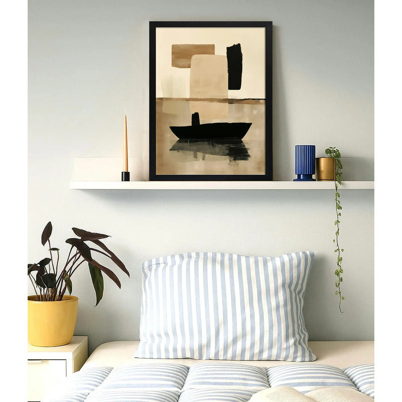 Cuadro Dormitorio Living Boho Abstracto Barcos Tonos Neutros Marco Negro