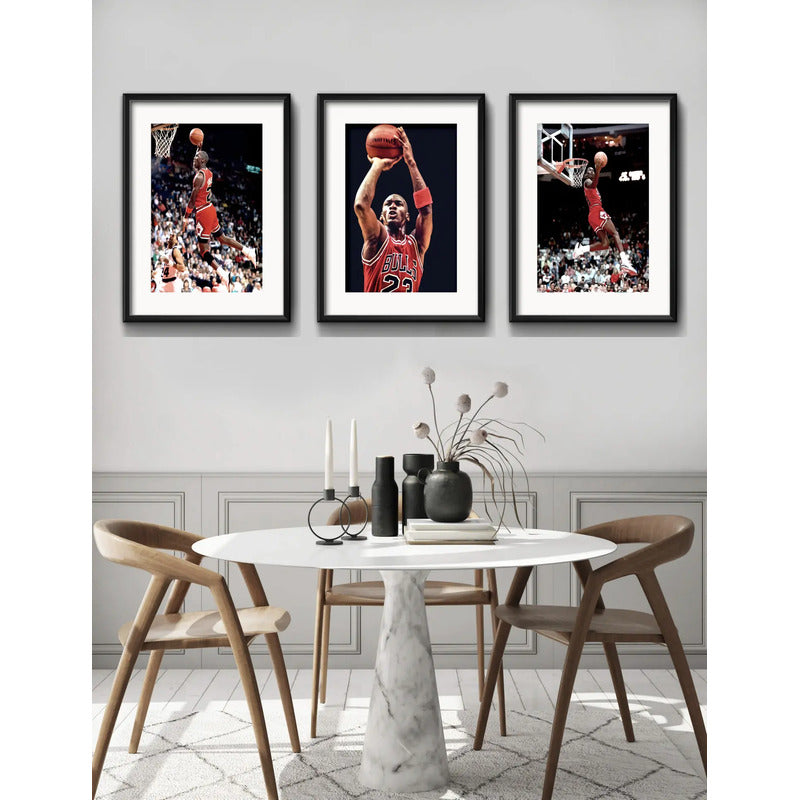 Set 3 Cuadros Michael Jordan Basket Nba 53x43cm Con Paspartu Marco Negro