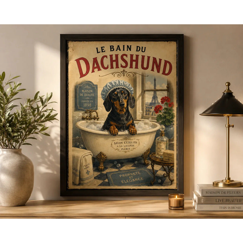 Cuadro Baño Paris Vintage Perro Salchicha Le Bain Dachshund Marco Negro