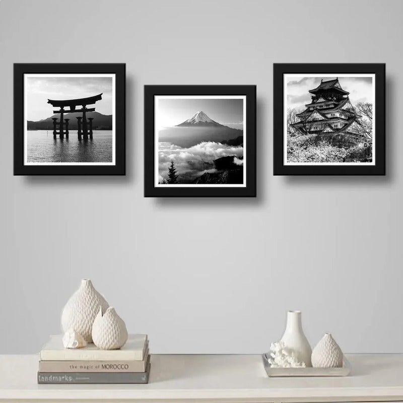 Set 3 Cuadros Japon En Blanco Y Negro Monte Fuji Templo Arte