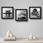 Set 3 Cuadros Japon En Blanco Y Negro Monte Fuji Templo Arte