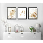 Set 3 Cuadros Hojas Doradas Love Botanica Tonos Suaves Marco Negro