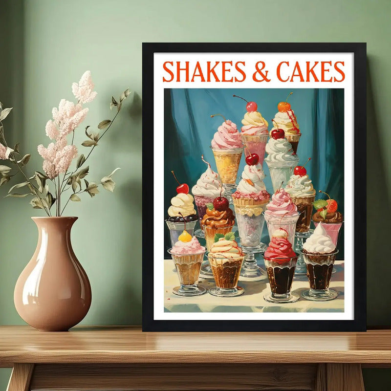 Cuadro Shakes & Cakes Copas Helado Retro Bake Chef Cocina Marco Negro