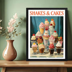 Cuadro Shakes & Cakes Copas Helado Retro Bake Chef Cocina Marco Negro
