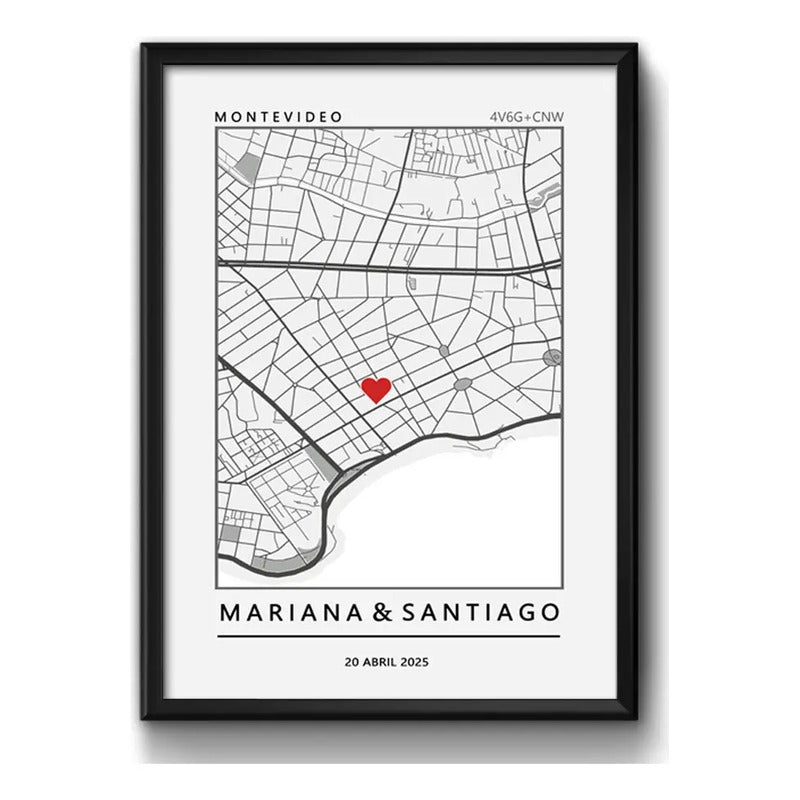 Cuadro Personalizado Pareja Novios Mapa Gps Primer Encuentro Marco Negro