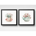 Set 2 Cuadros Taza De Té Con Flores Tetera Botanica Cocina Marco Negro
