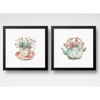 Set 2 Cuadros Taza De Té Con Flores Tetera Botanica Cocina Marco Negro