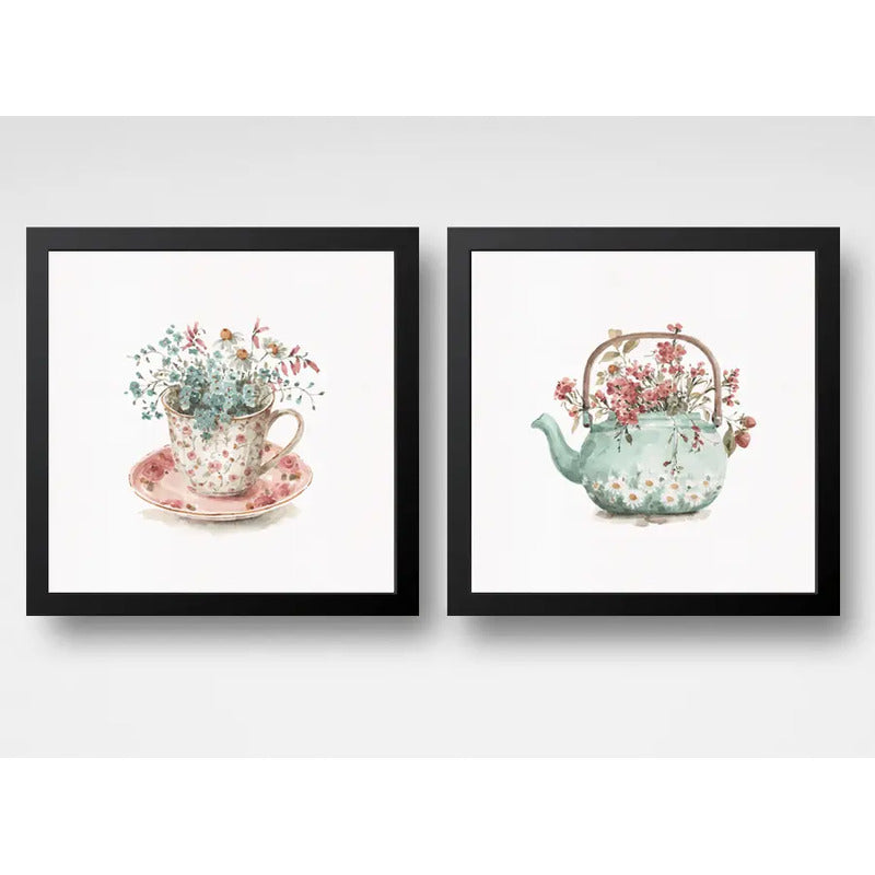 Set 2 Cuadros Taza De Té Con Flores Tetera Botanica Cocina Marco Negro