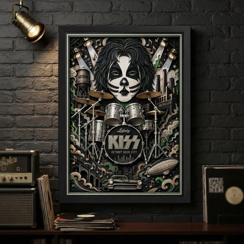 Cuadro Kiss Peter Criss Bateria Rock Arte Efecto 3d Marco Negro