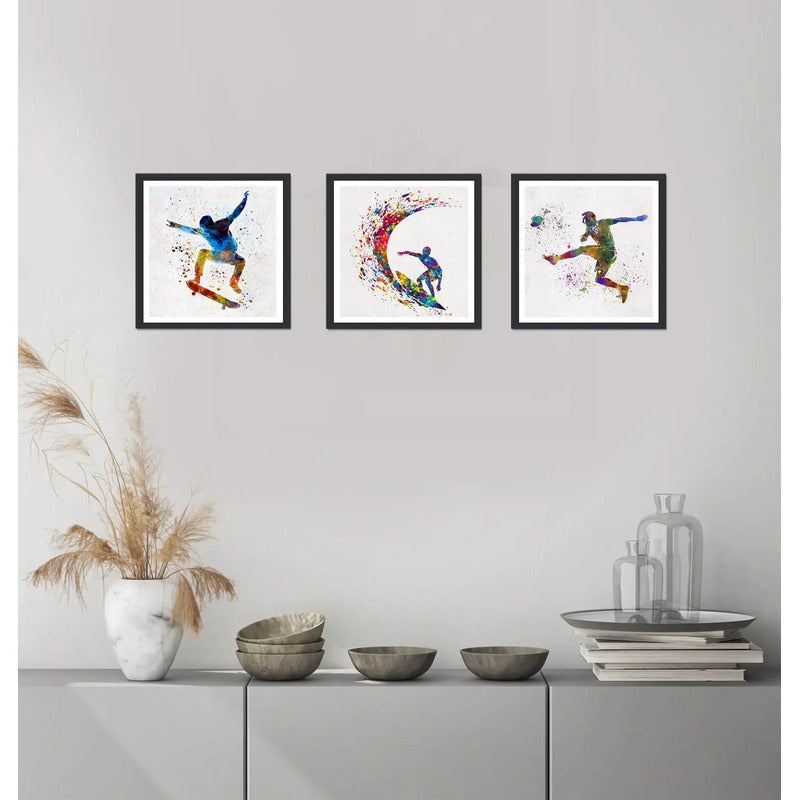 Set 3 Cuadros Skate Surf Futbol Pop Art Deportes Club Gym Marco Negro