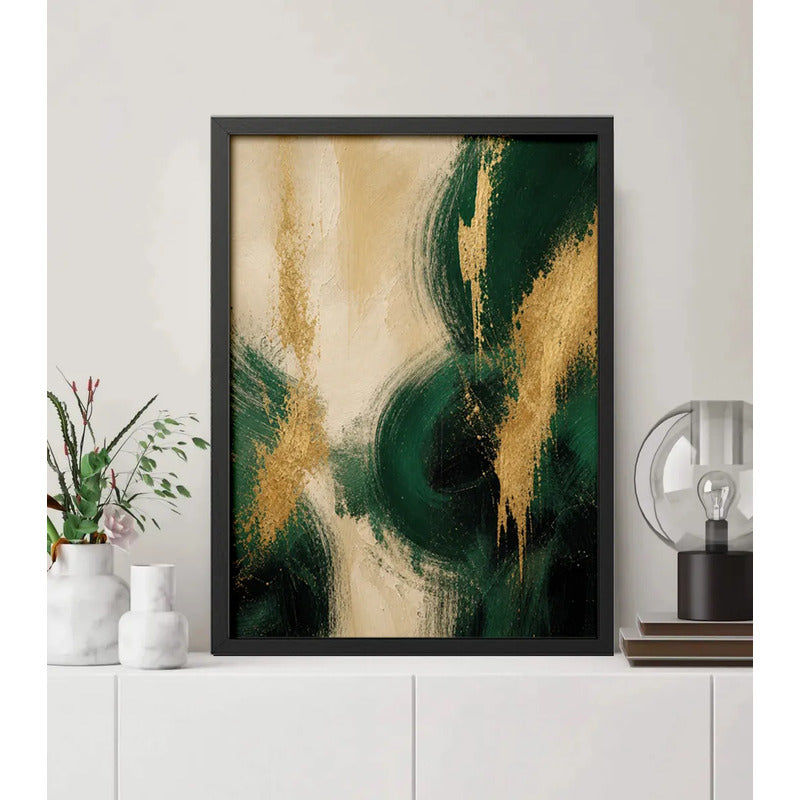 Cuadro Dormitorio Living Boho Arte Abstracto Verde Dorado B1 Marco Negro