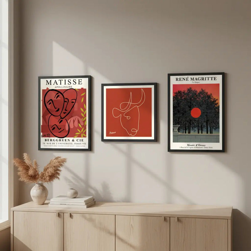 Set 3 Cuadros Para Living Cocina Estudio Tonos Rojos Red Matisse Picasso Magritte Con Marco Negro