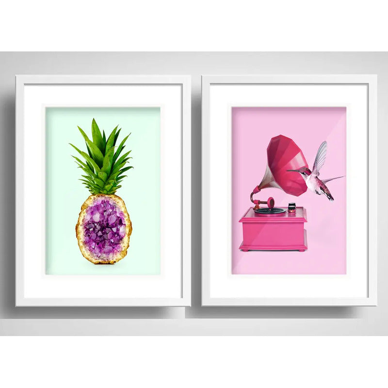 Set 2 Cuadros Pop Art Ananá Amatista Gramófono Con Paspartú