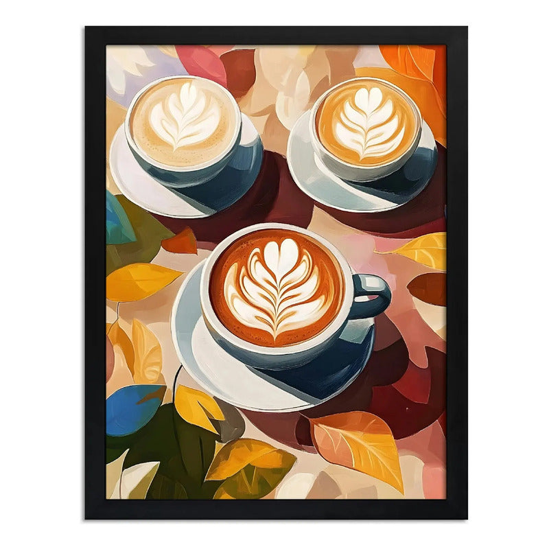 Cuadro Cafés Latte Hojas De Otoño Arte Cocina Decoracion Marco Negro