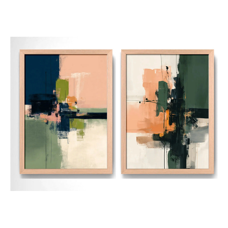 Set 2 Cuadros Dormitorio Living Abstracto Arte Verde Durazno Marco Marrón Claro