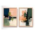 Set 2 Cuadros Dormitorio Living Abstracto Arte Verde Durazno Marco Marrón Claro