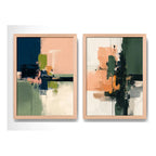 Set 2 Cuadros Dormitorio Living Abstracto Arte Verde Durazno Marco Marrón Claro
